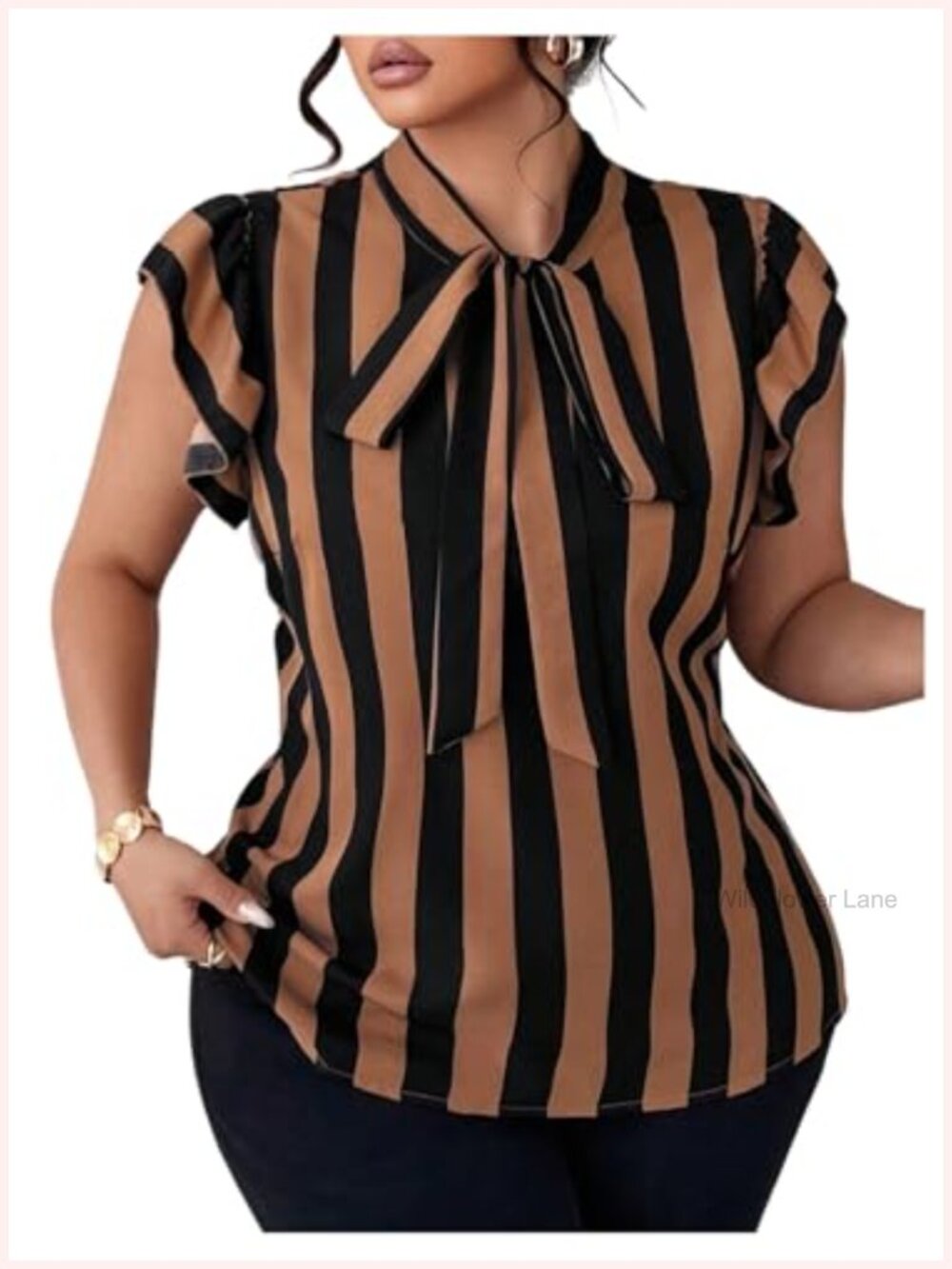 Women's Plus Size Striped Tie Neck Blouse Ruffle Cap Sleeve